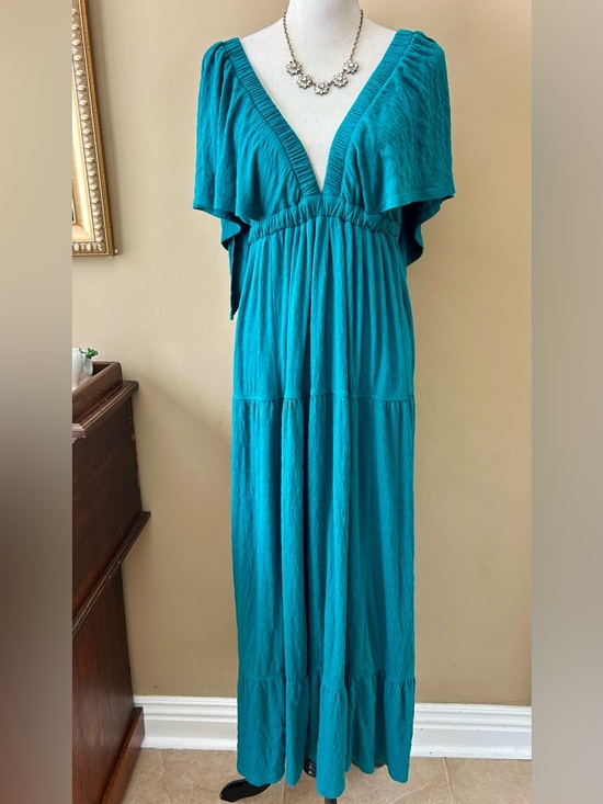 Free People Beach La La Maxi Dress Tiered Flutter Sleeve Teal Blue Green Size S - Picture 2 of 13